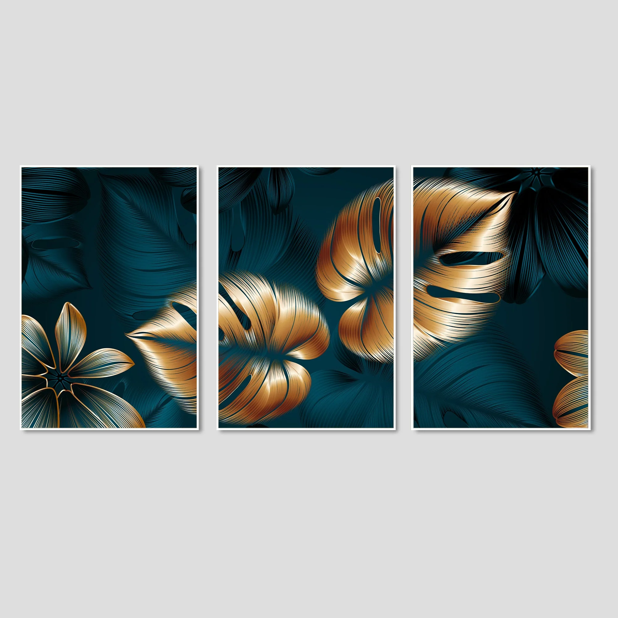 Shiny Golden Leaves Floating Canvas Wall Painting Set of Three - Image 4