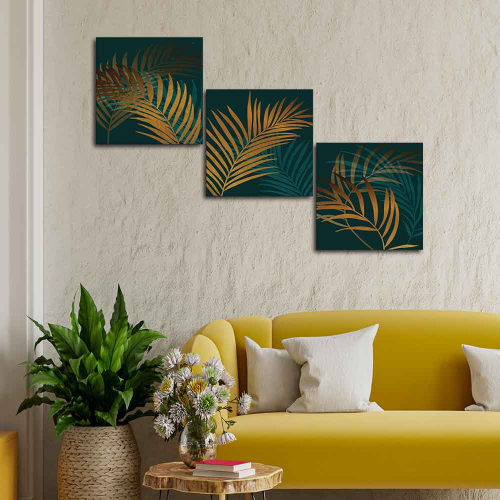 Shiny Golden Tropical leaves 3 Pieces Canvas Wall Painting - Image 2