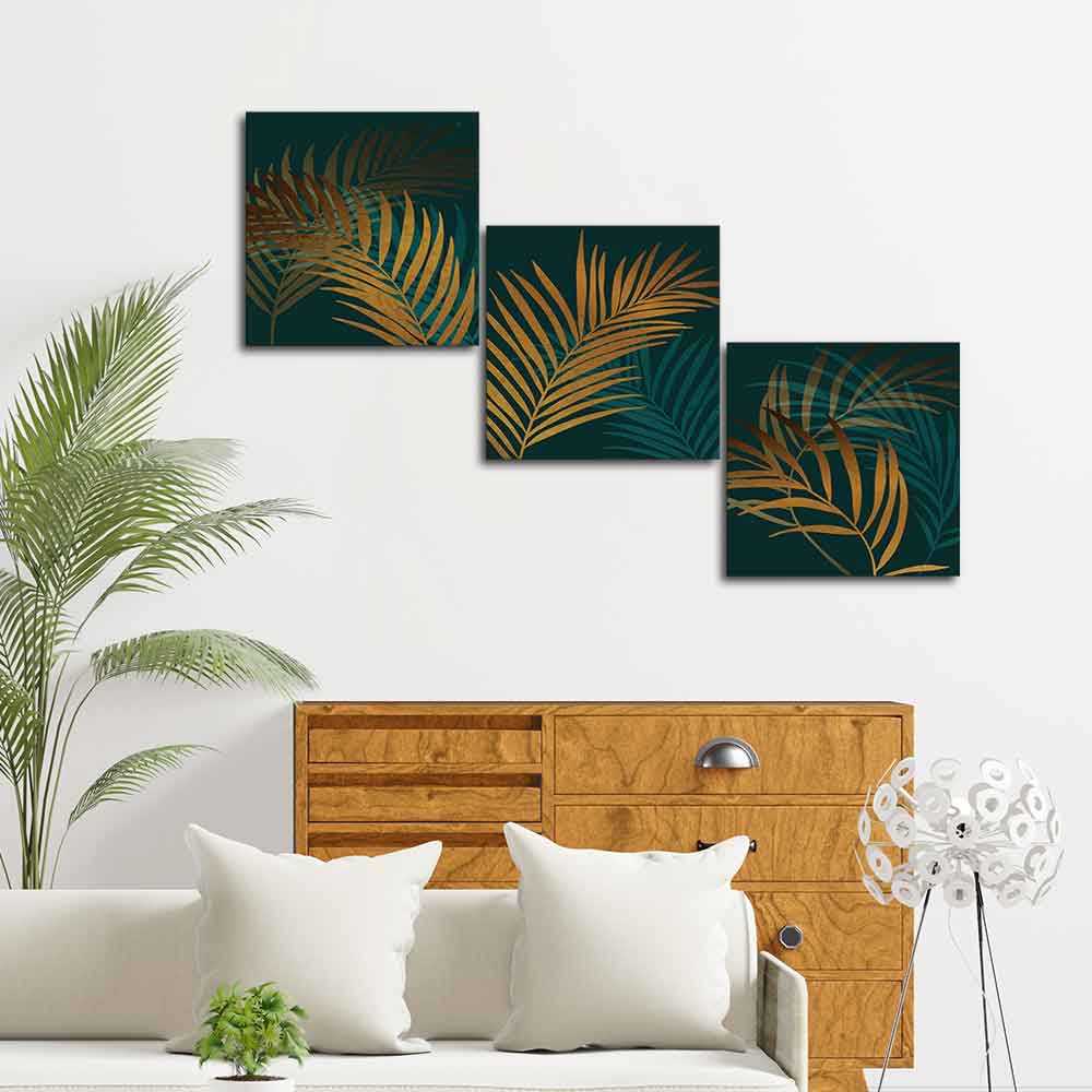 Shiny Golden Tropical leaves 3 Pieces Canvas Wall Painting - Image 3