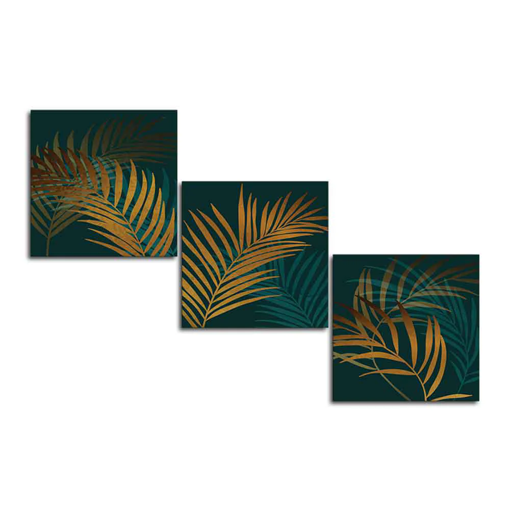Shiny Golden Tropical leaves 3 Pieces Canvas Wall Painting - Image 4
