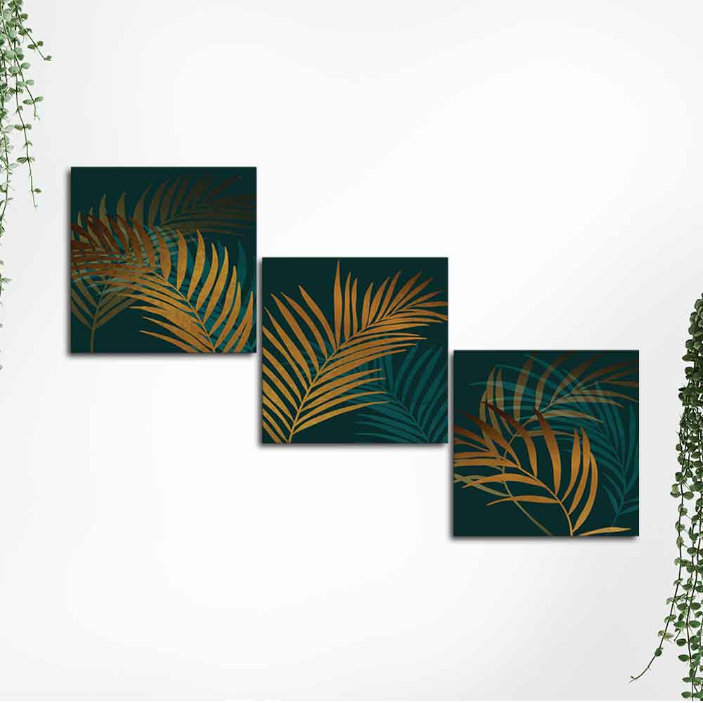 Shiny Golden Tropical leaves 3 Pieces Canvas Wall Painting - Image 5