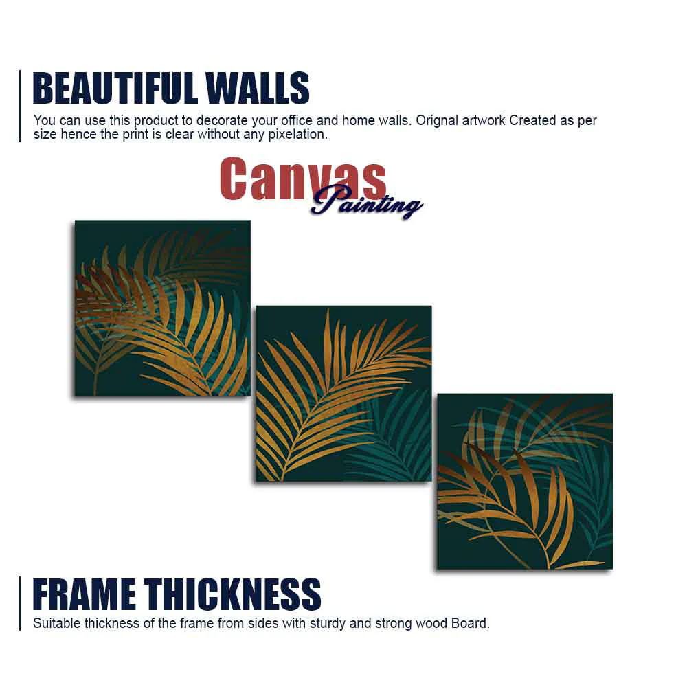 Shiny Golden Tropical leaves 3 Pieces Canvas Wall Painting - Image 6