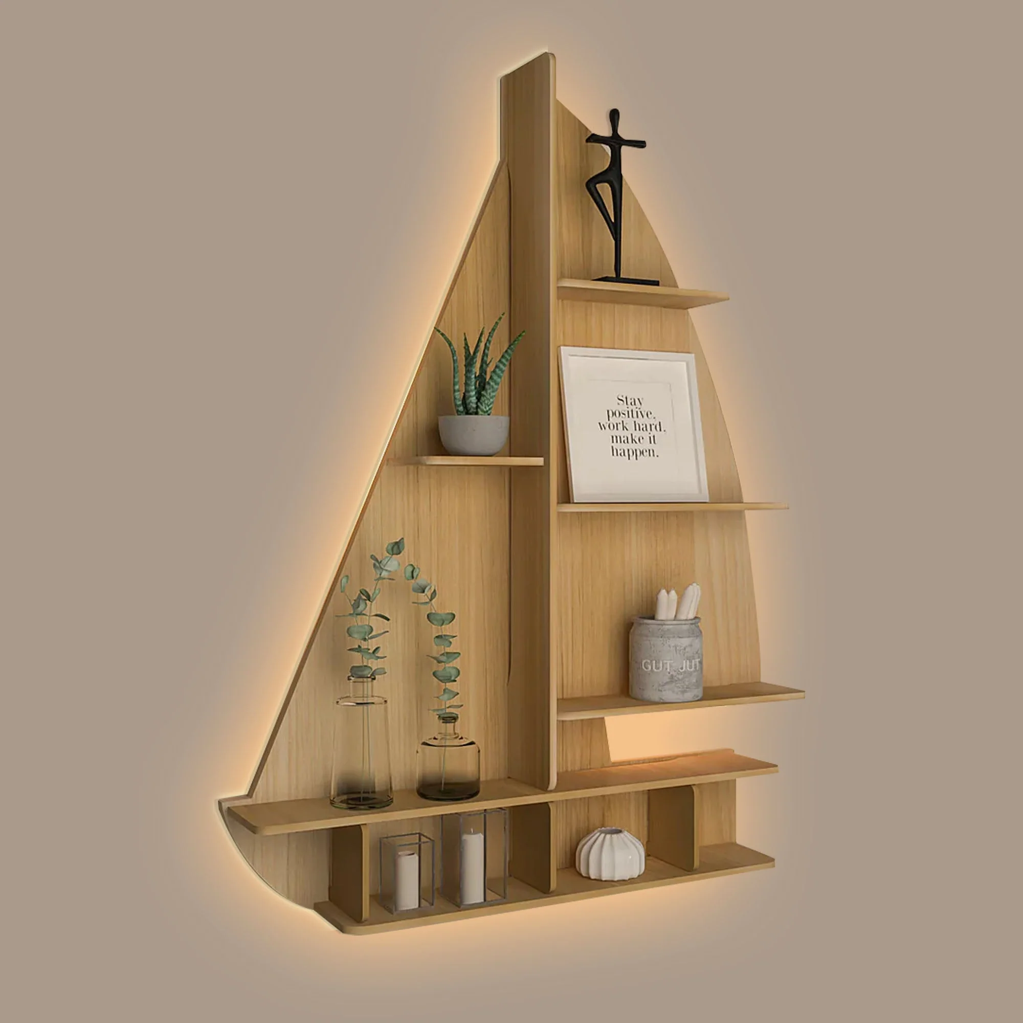 Ship Backlit Designer Wooden Wall Shelf / Book Shelf / Night Light, Oak Finish - Image 2