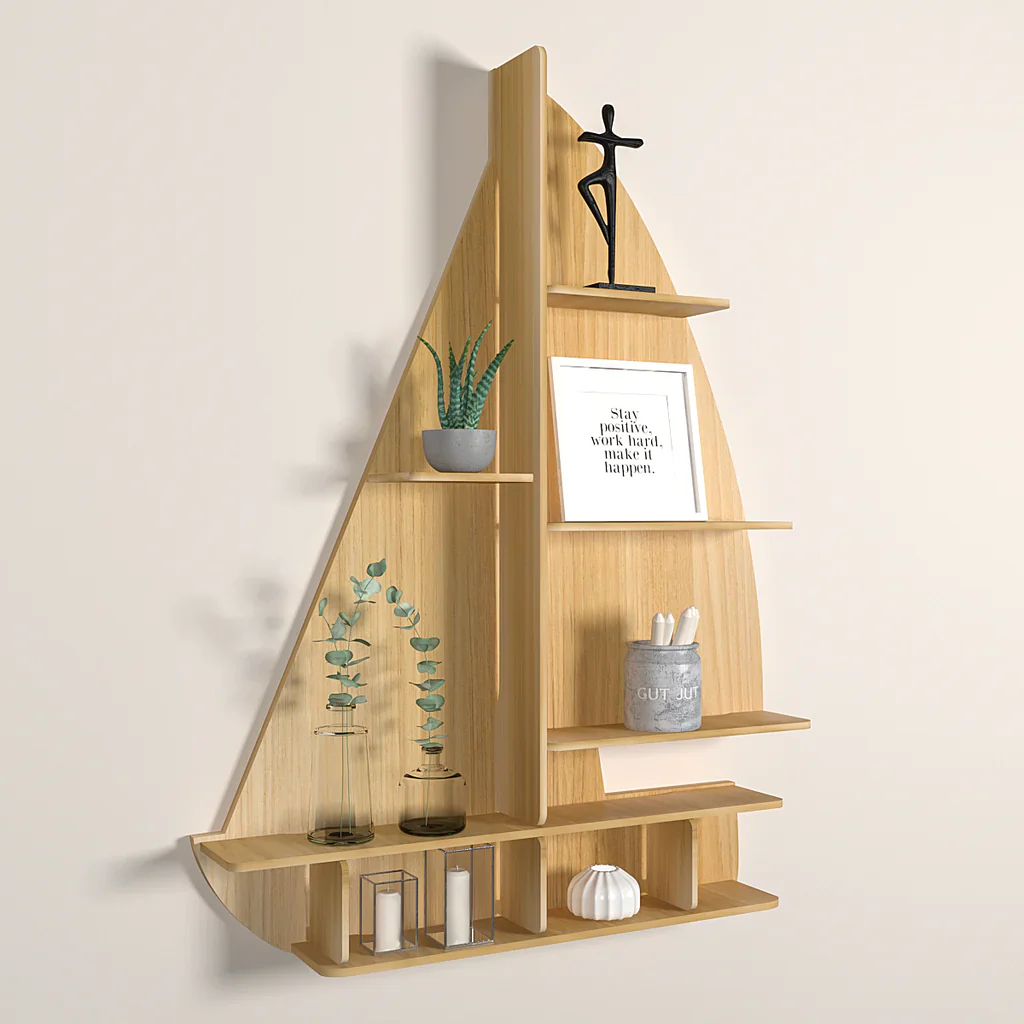 Ship Backlit Designer Wooden Wall Shelf / Book Shelf / Night Light, Oak Finish - Image 4