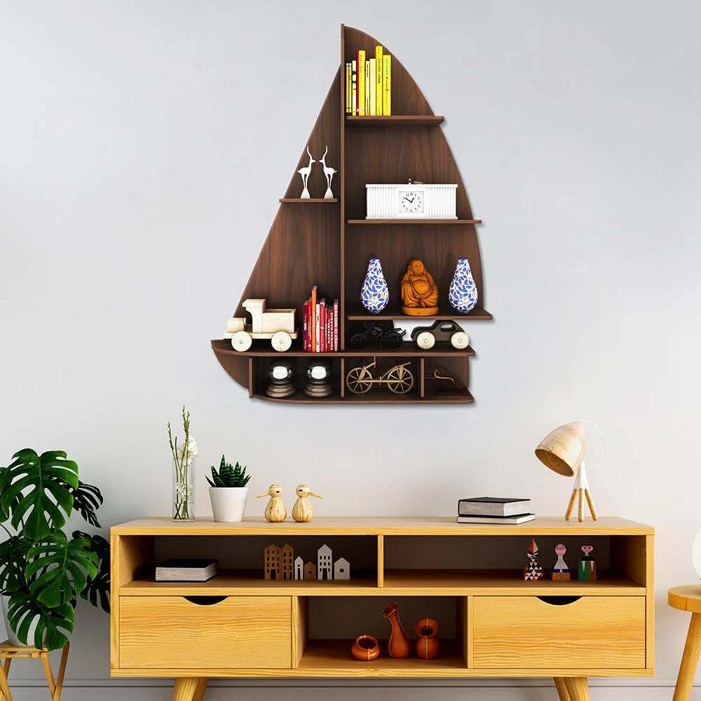 Ship Backlit Designer Wooden Wall Shelf / Book Shelf / Night Light, Walnut Finish - Image 2