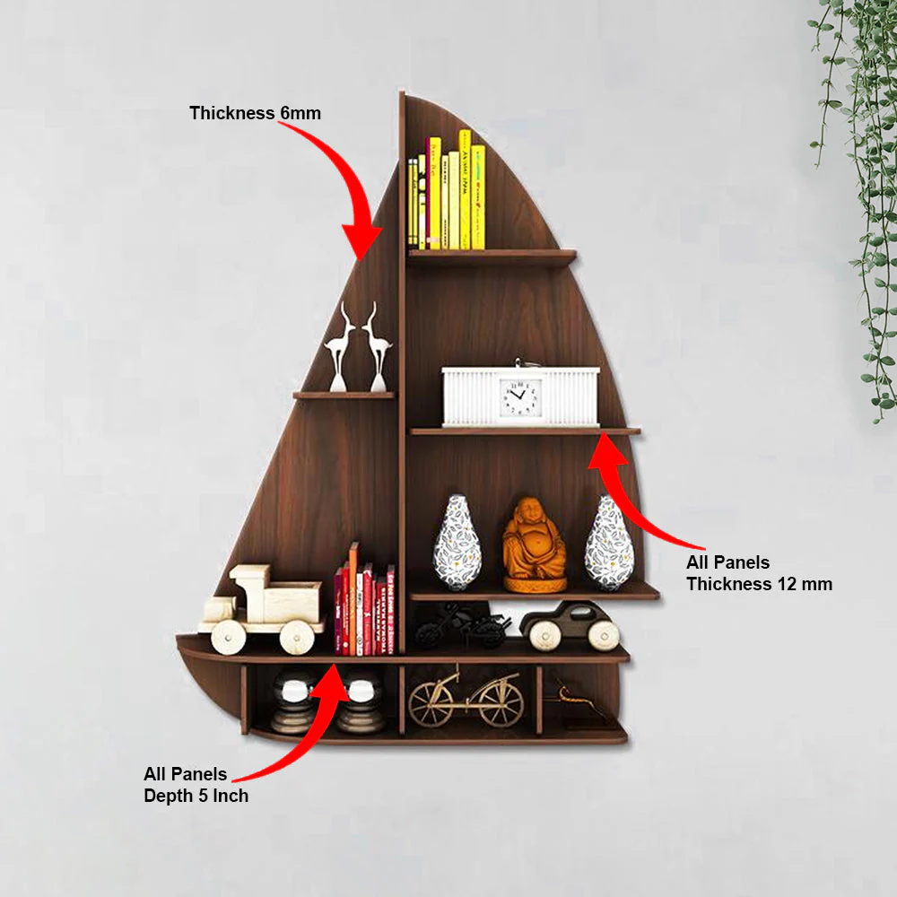 Ship Backlit Designer Wooden Wall Shelf / Book Shelf / Night Light, Walnut Finish - Image 5