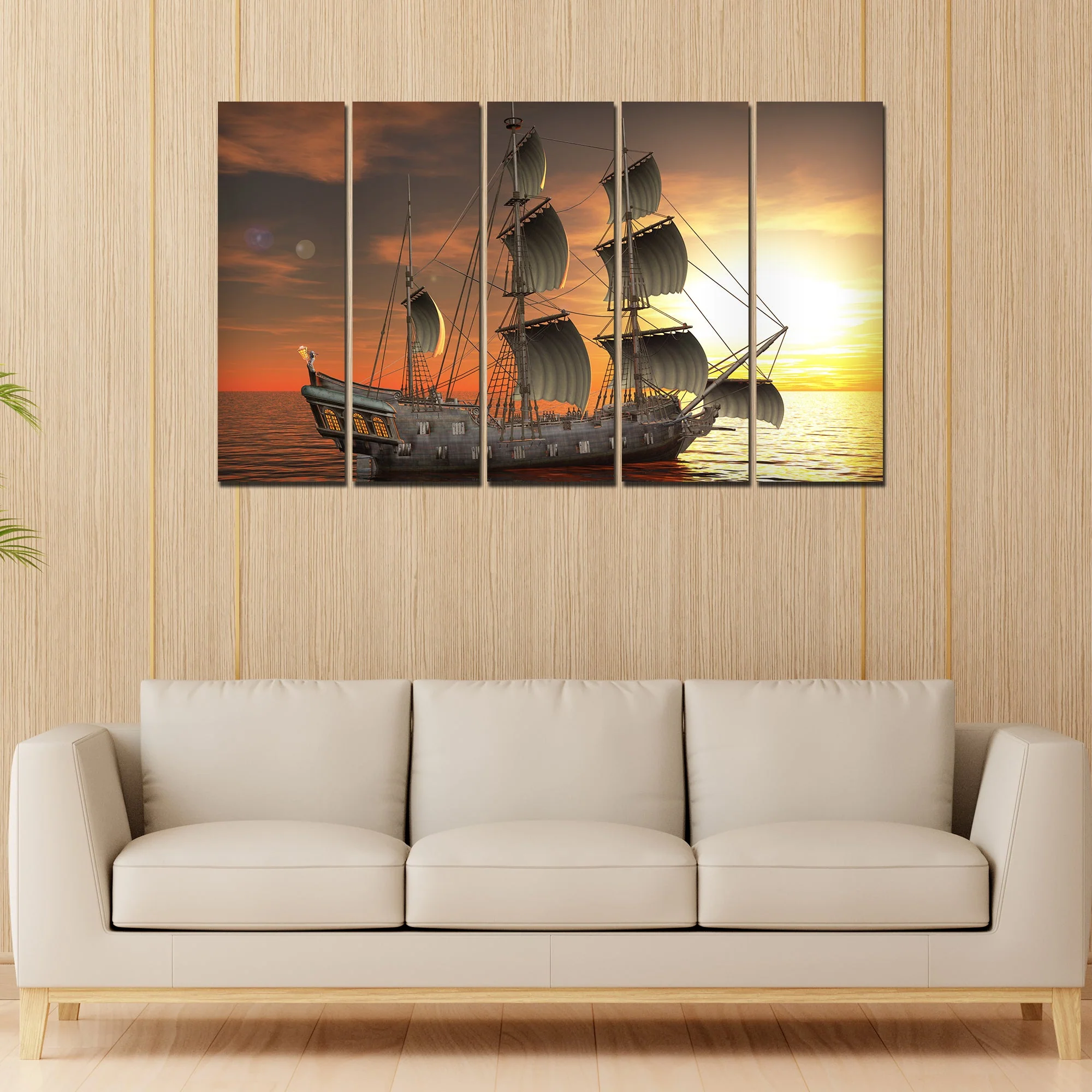 Beautiful Ship in the Sea Canvas Wall Painting 5 Pieces - Image 3