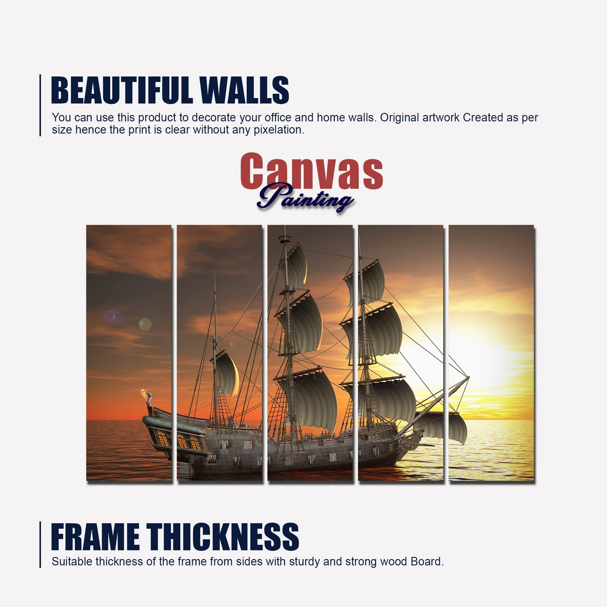 Beautiful Ship in the Sea Canvas Wall Painting 5 Pieces - Image 5