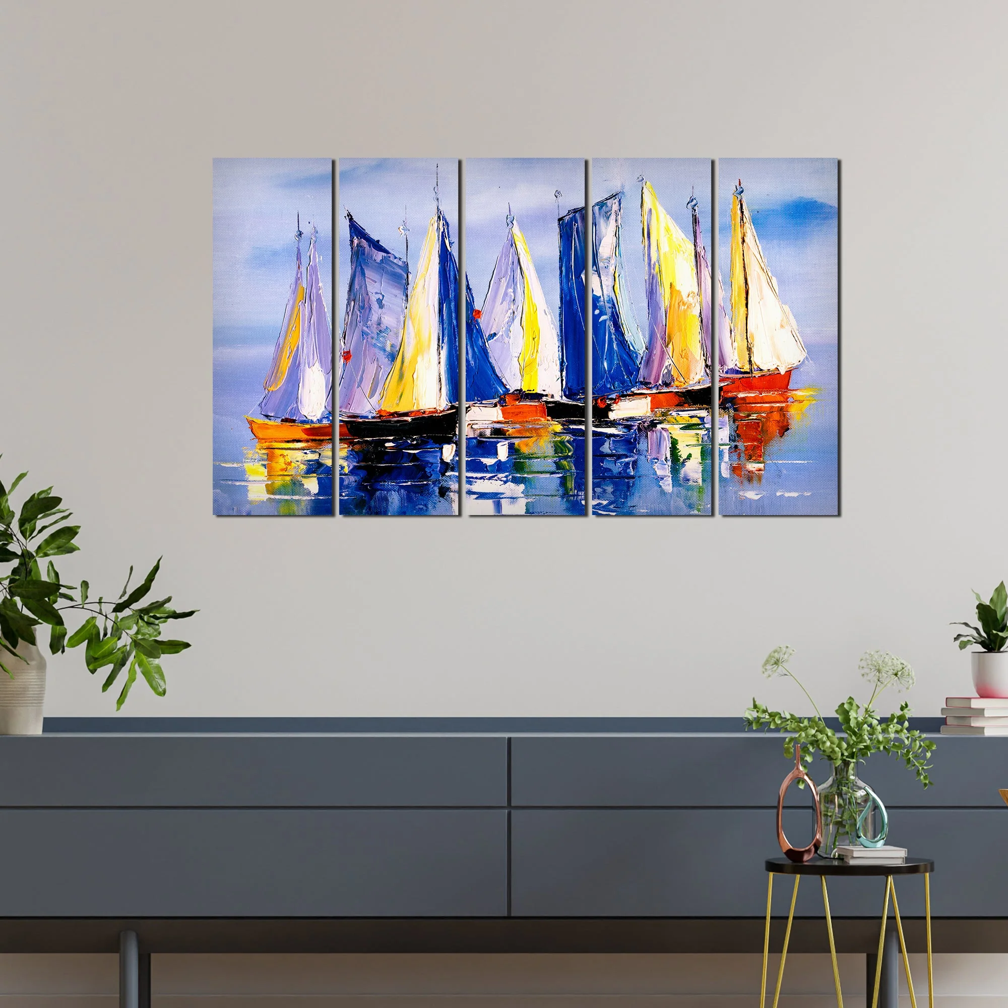 Boats in Ocean Canvas Wall Painting 5 Pieces - Image 2
