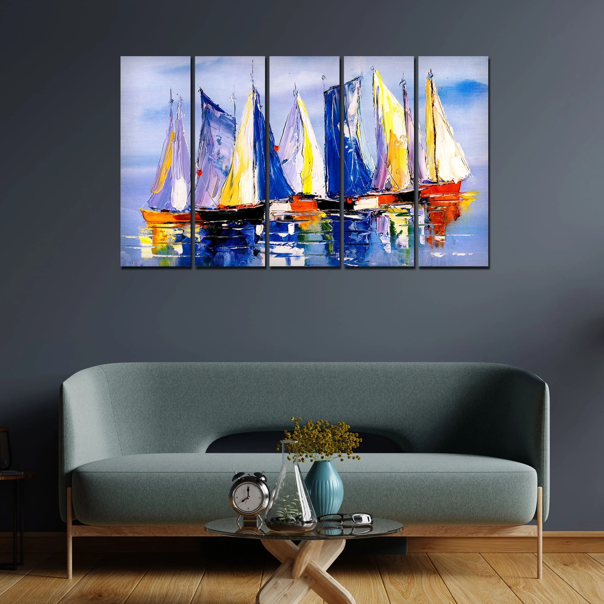 Boats in Ocean Canvas Wall Painting 5 Pieces - Image 3