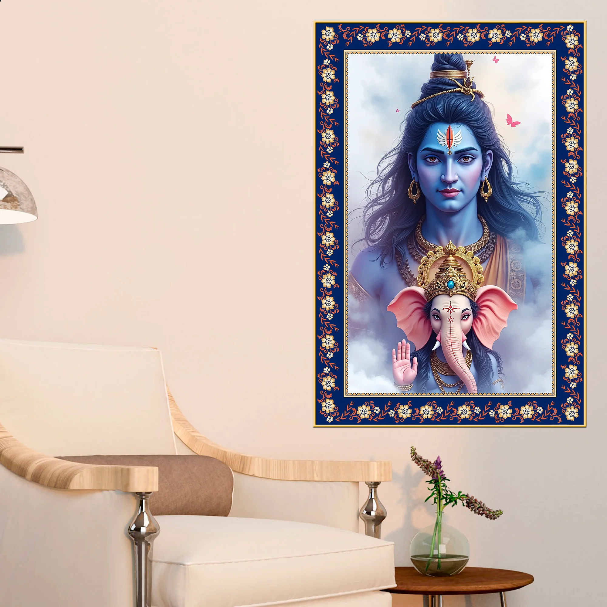 Shiva Grace Ganesha Wisdom Floral Border Vertical Wall Painting - Image 2