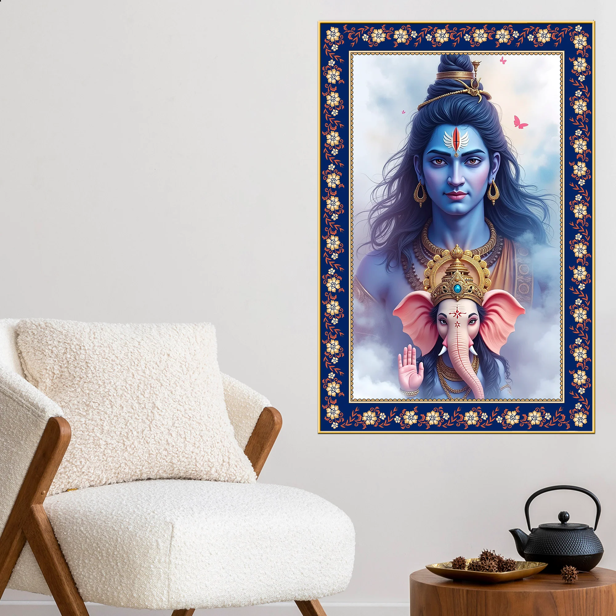 Shiva Grace Ganesha Wisdom Floral Border Vertical Wall Painting - Image 3