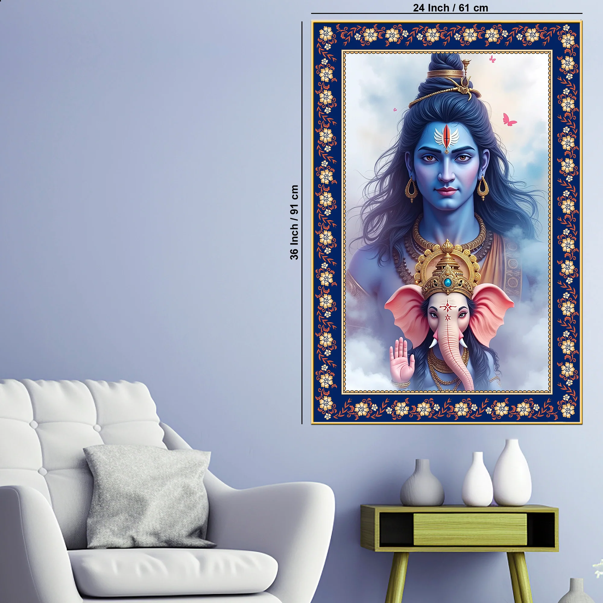 Shiva Grace Ganesha Wisdom Floral Border Vertical Wall Painting - Image 6