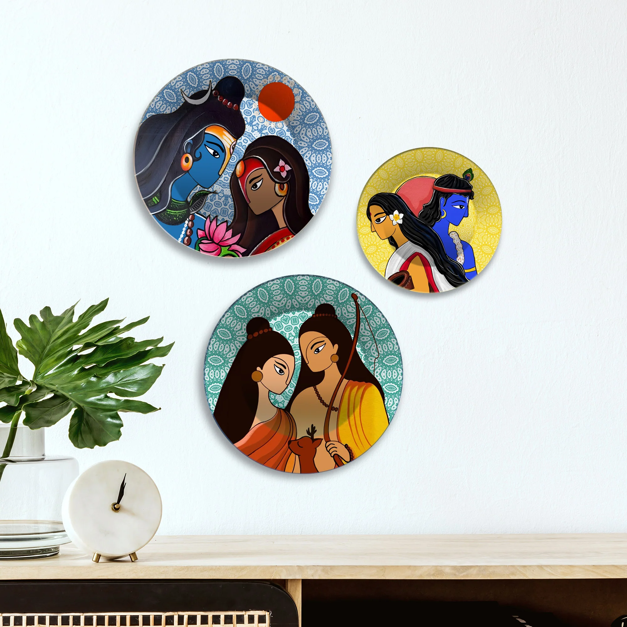 Shiva Parvati Ram Sita & Radha Krishna Premium Wall Plates Painting Set of 3