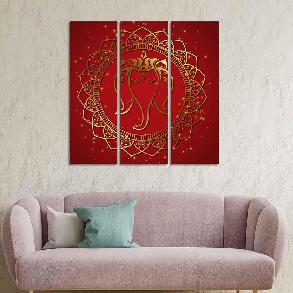 Shree Ganesha Face Canvas Wall Painting of Three Panels - Image 2