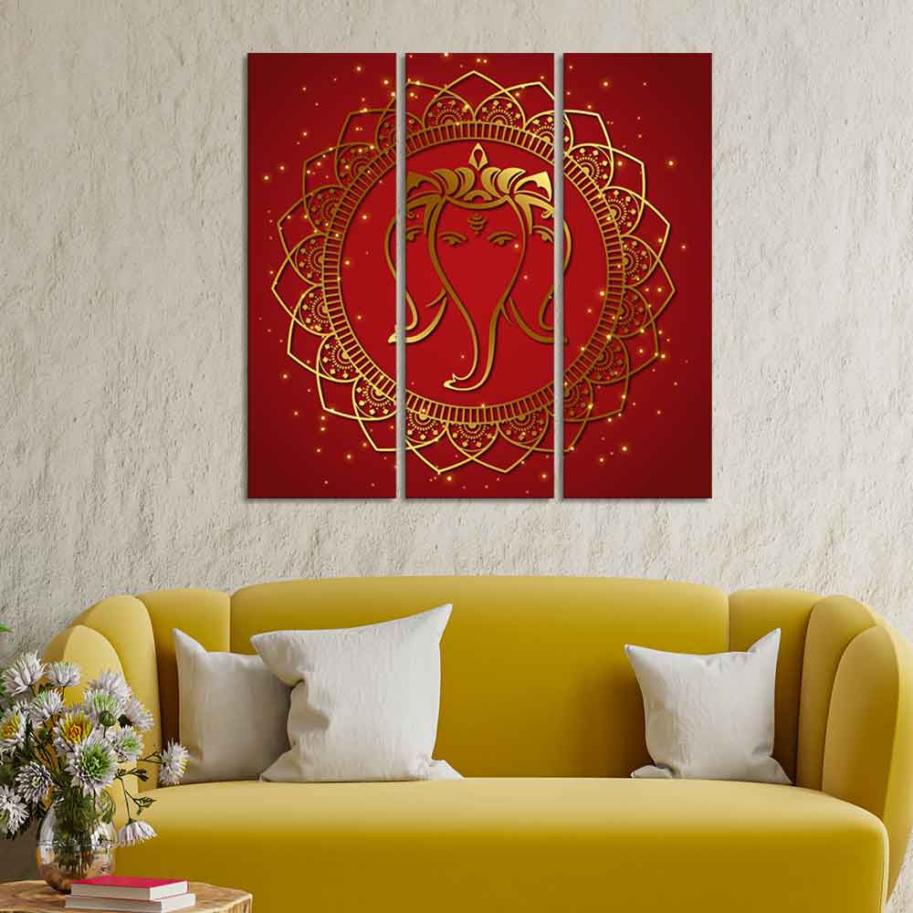 Shree Ganesha Face Canvas Wall Painting of Three Panels - Image 3