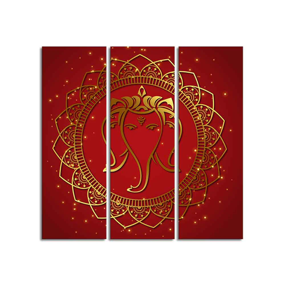 Shree Ganesha Face Canvas Wall Painting of Three Panels - Image 4