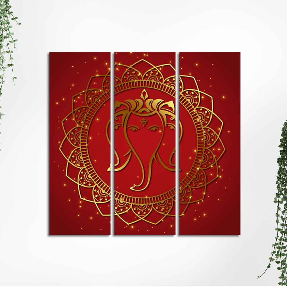 Shree Ganesha Face Canvas Wall Painting of Three Panels - Image 5