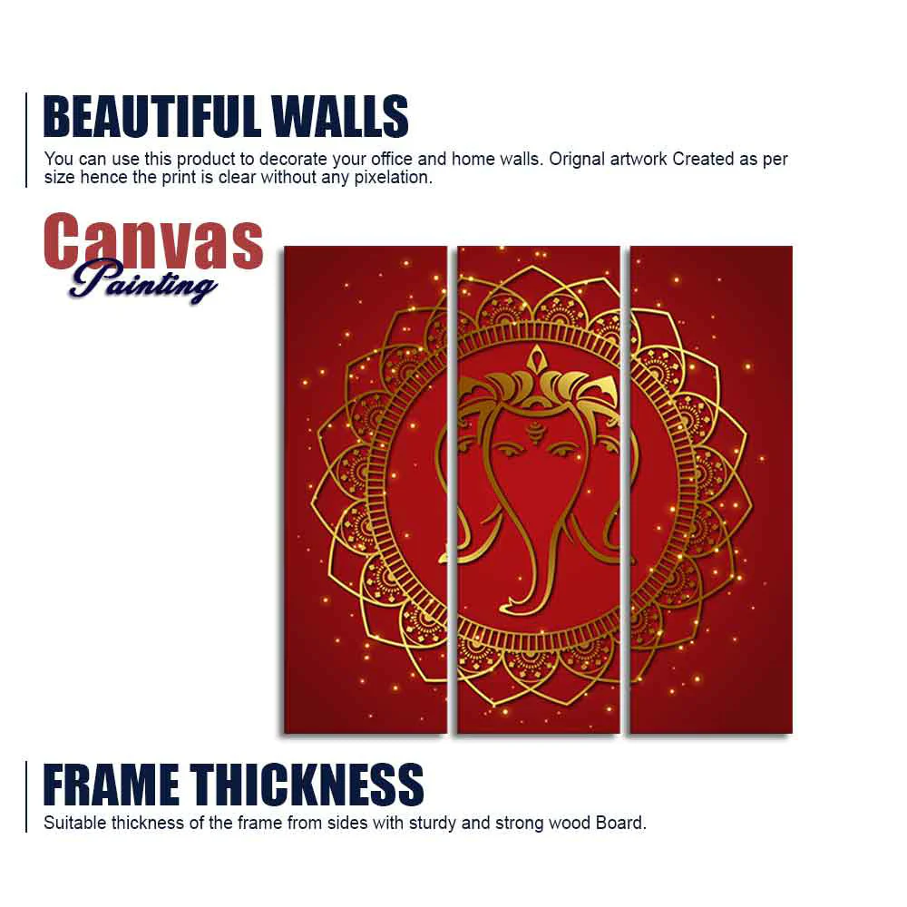 Shree Ganesha Face Canvas Wall Painting of Three Panels - Image 6