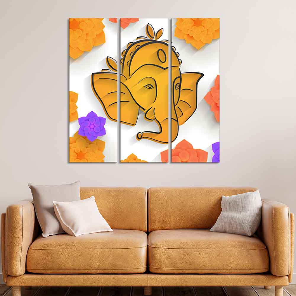 Shree Ganesha Face Canvas Wall Painting of Three Pieces - Image 2