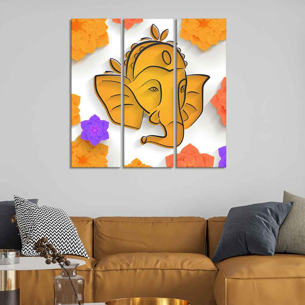 Shree Ganesha Face Canvas Wall Painting of Three Pieces - Image 3