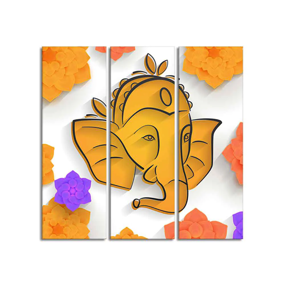 Shree Ganesha Face Canvas Wall Painting of Three Pieces - Image 4