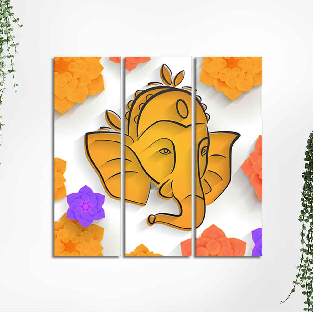 Shree Ganesha Face Canvas Wall Painting of Three Pieces - Image 5