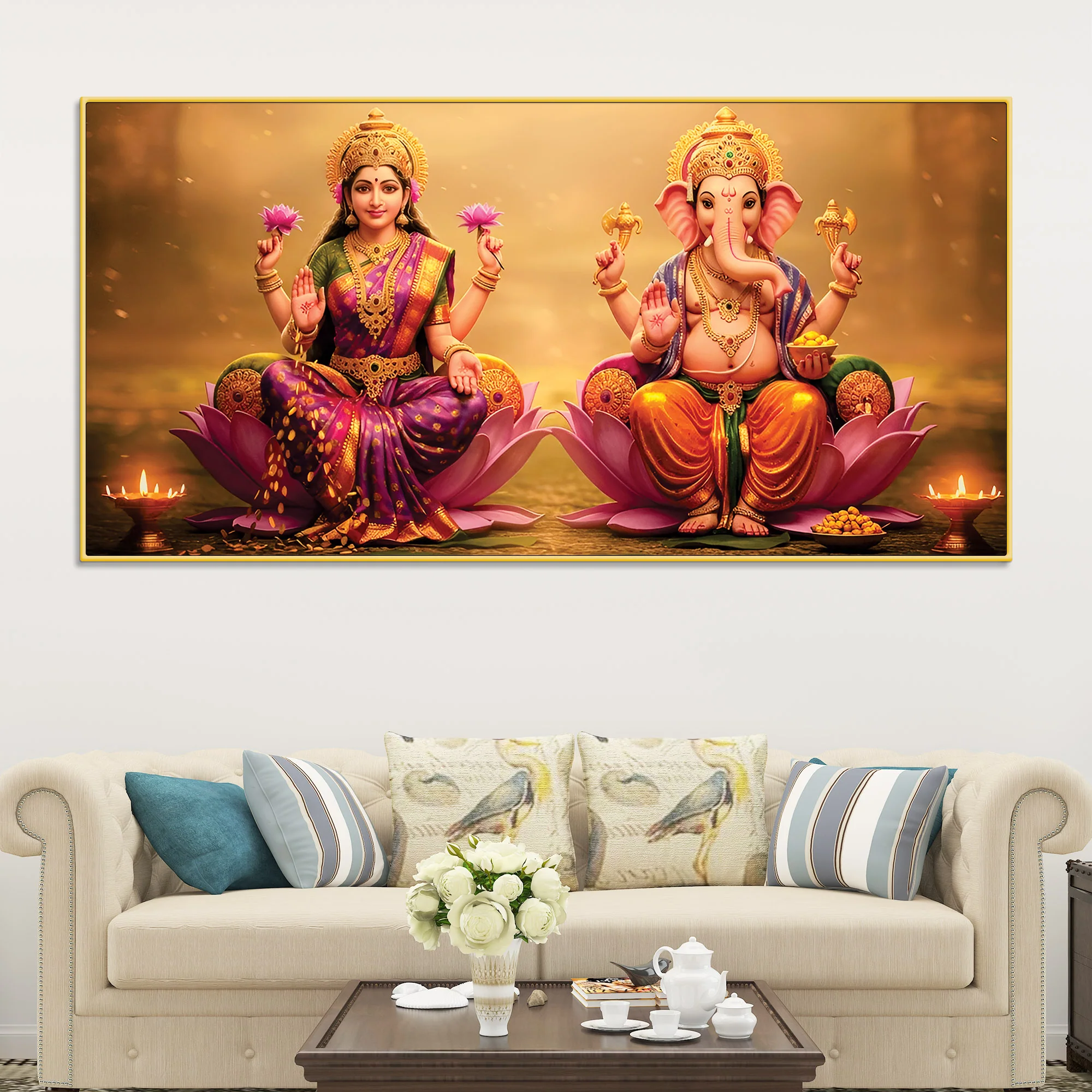 Shree Lakshmi & Ganesh Luxury Canvas Wall Painting for Home & Office – Modern Spiritual Wall Decor - Image 3