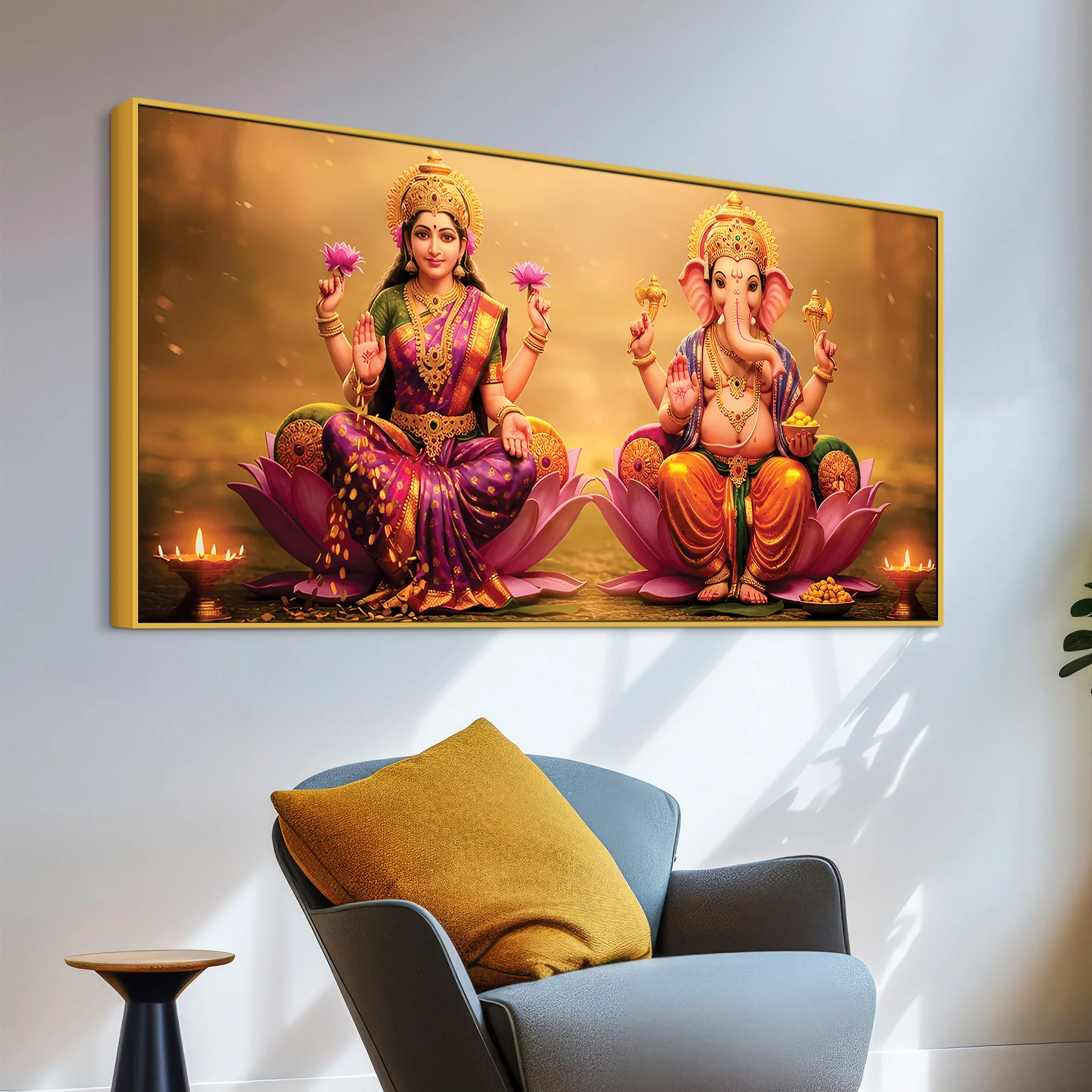 Shree Lakshmi & Ganesh Luxury Canvas Wall Painting for Home & Office – Modern Spiritual Wall Decor - Image 5