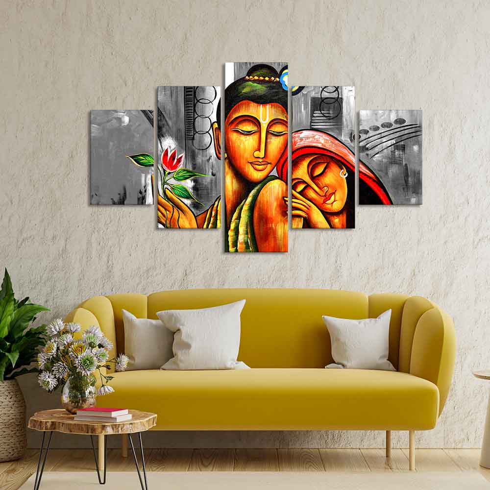 Shree Radha Krishna Canvas Wall Painting Set of Five Pieces - Image 2