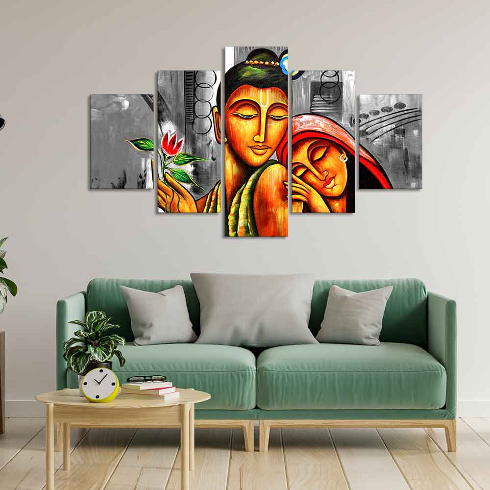 Shree Radha Krishna Canvas Wall Painting Set of Five Pieces - Image 3