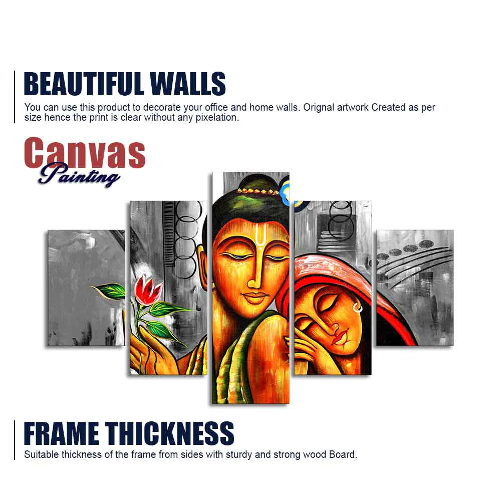 Shree Radha Krishna Canvas Wall Painting Set of Five Pieces - Image 6
