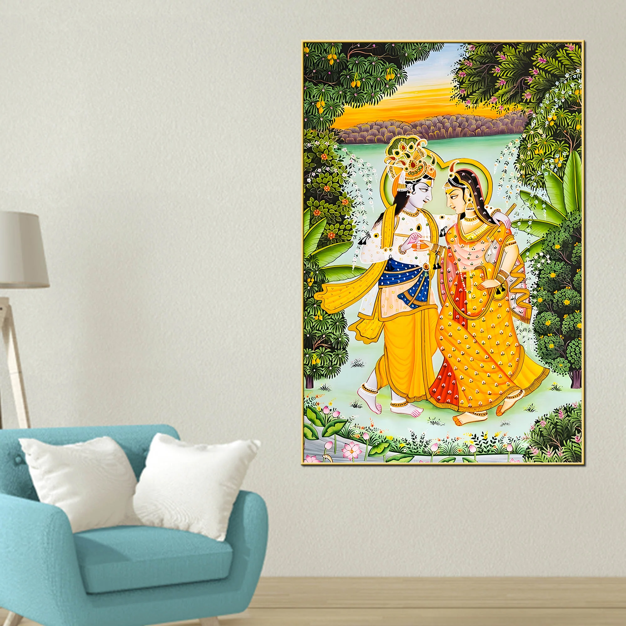 Shree Radha Krishna Riverside Walk Canvas Wall Painting