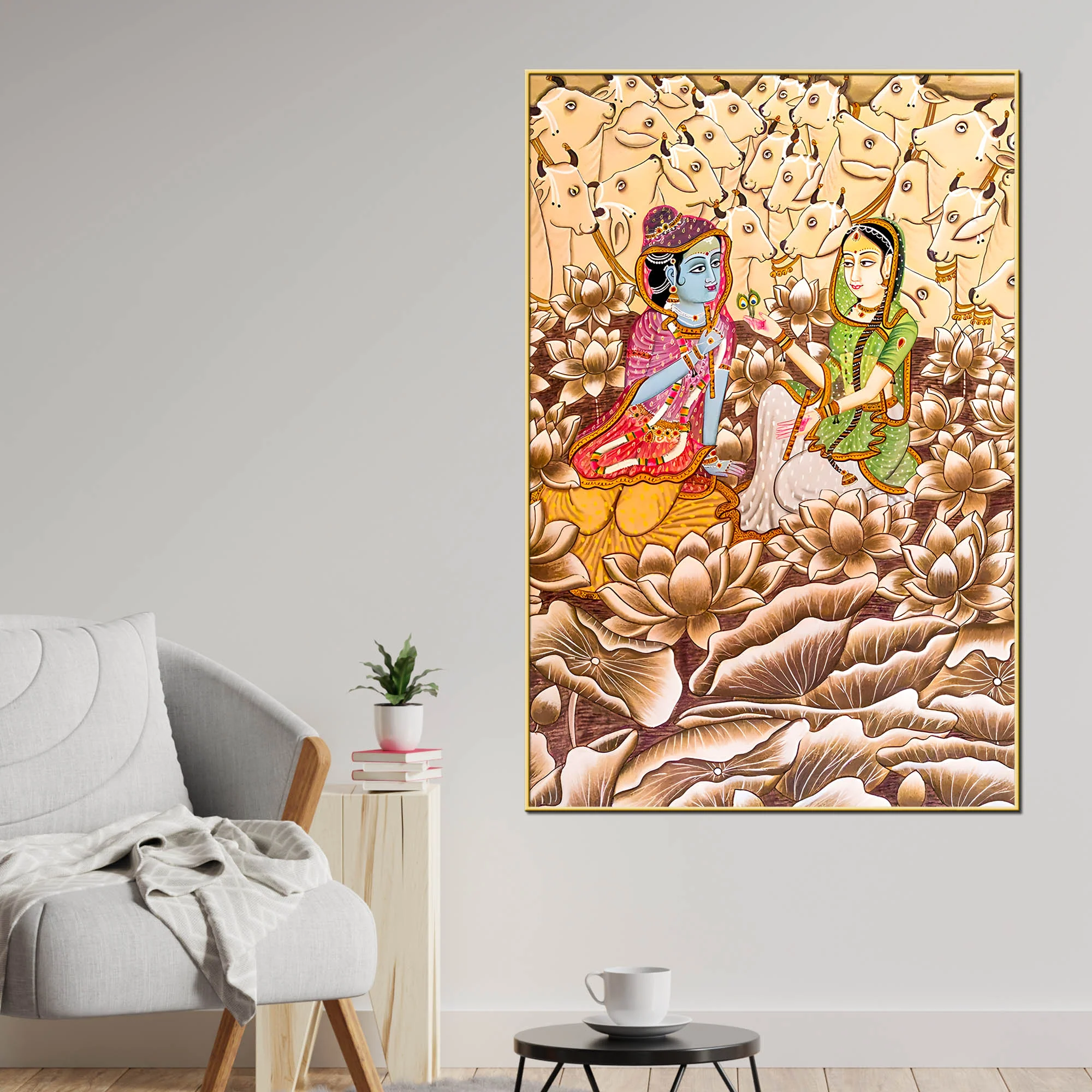 Shree Radha Krishna With Sacred Cows Traditional Indian Canvas Wall Painting - Image 2