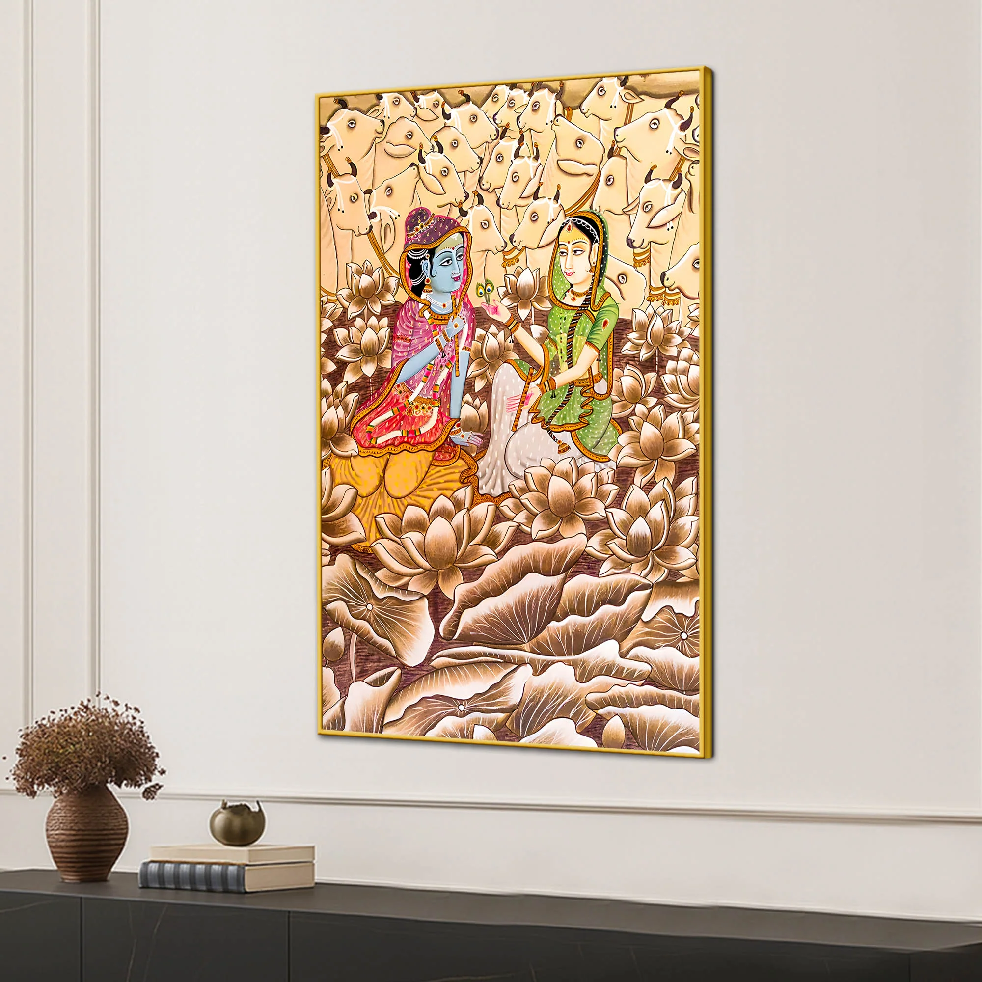 Shree Radha Krishna With Sacred Cows Traditional Indian Canvas Wall Painting - Image 3