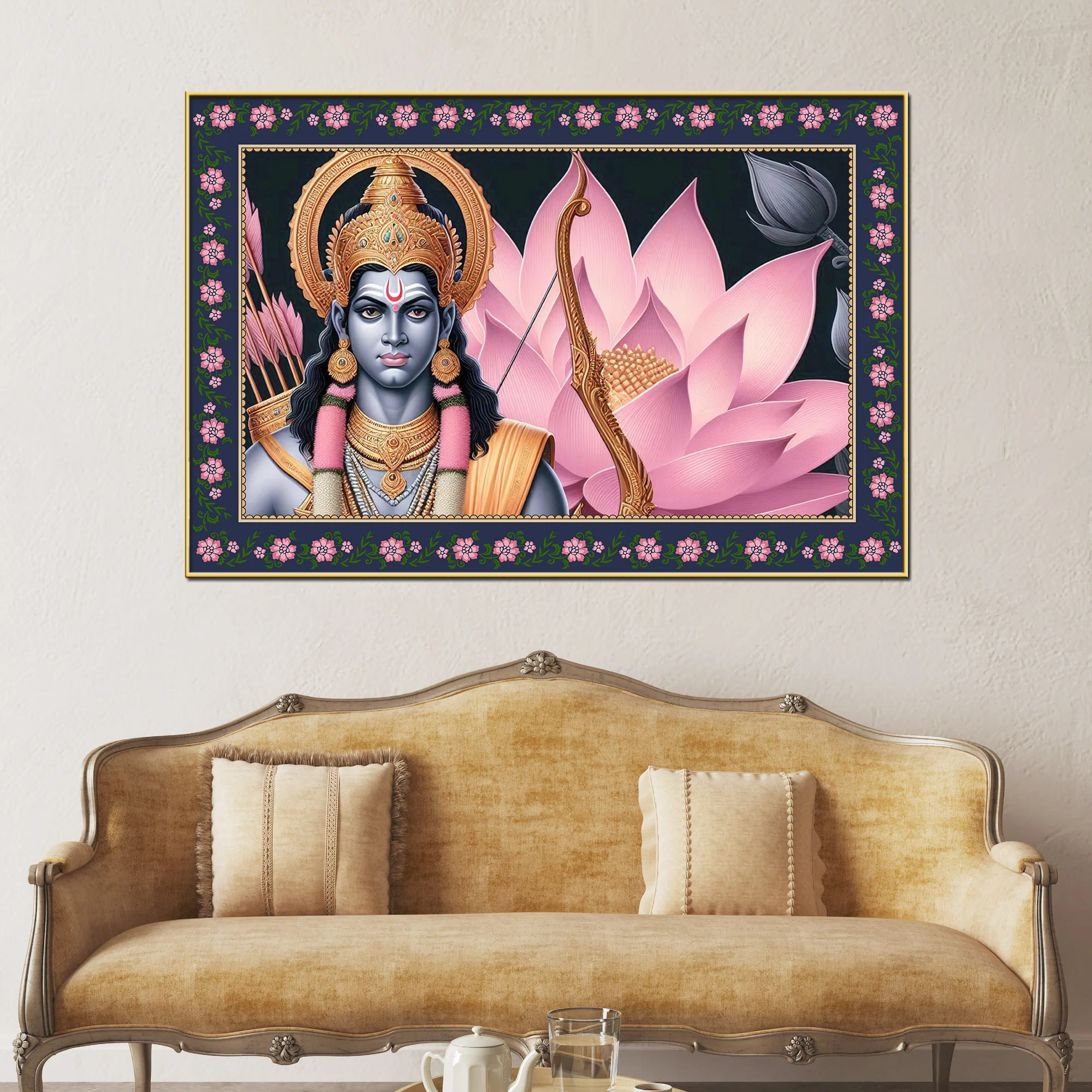 Shree Ram in Lotus Background Floral Border Canvas Wall Painting - Image 2