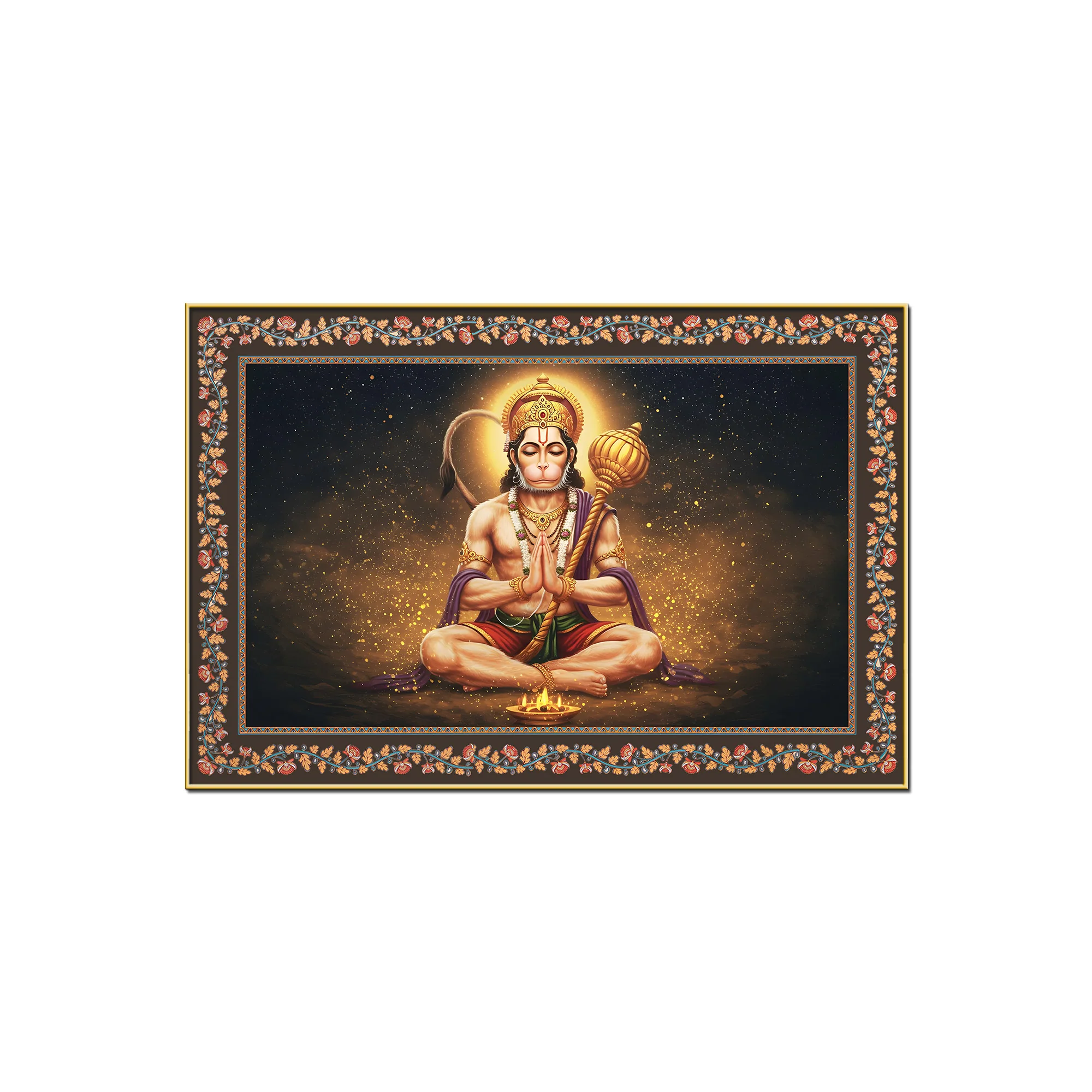 Shri Bajrangi Hanuman Floral Border Canvas Wall Painting - Image 4
