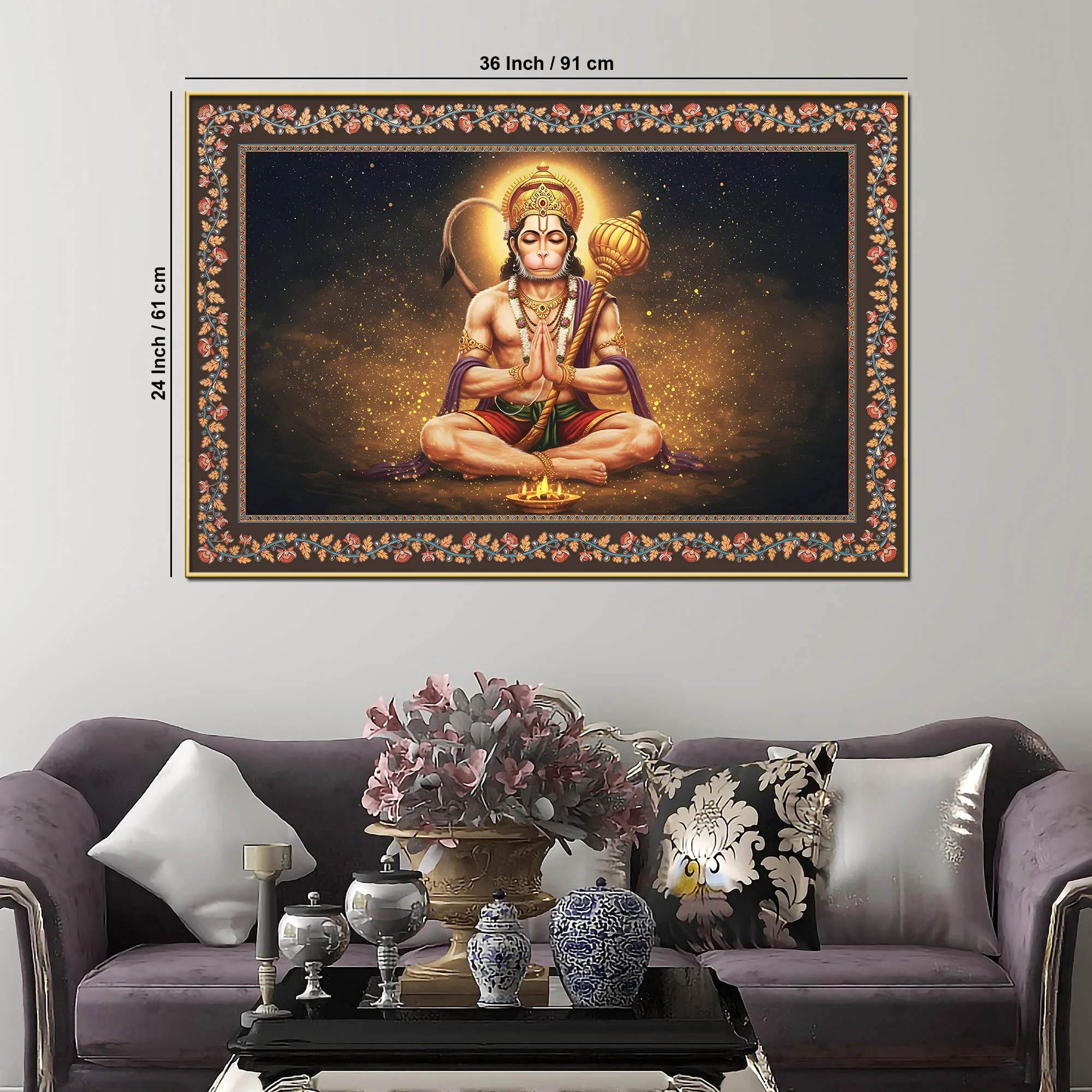 Shri Bajrangi Hanuman Floral Border Canvas Wall Painting - Image 6