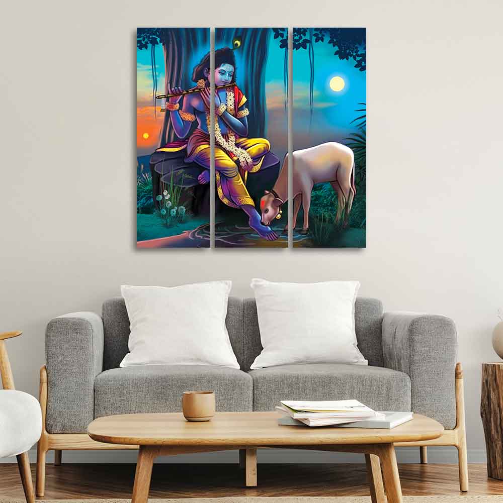 Shri Krishna Canvas Wall Painting of 3 Pieces - Image 2