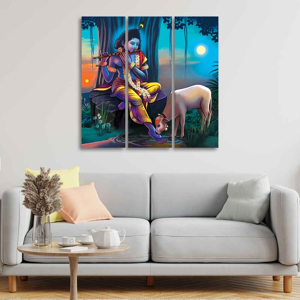 Shri Krishna Canvas Wall Painting of 3 Pieces - Image 3