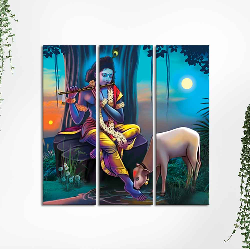 Shri Krishna Canvas Wall Painting of 3 Pieces - Image 4