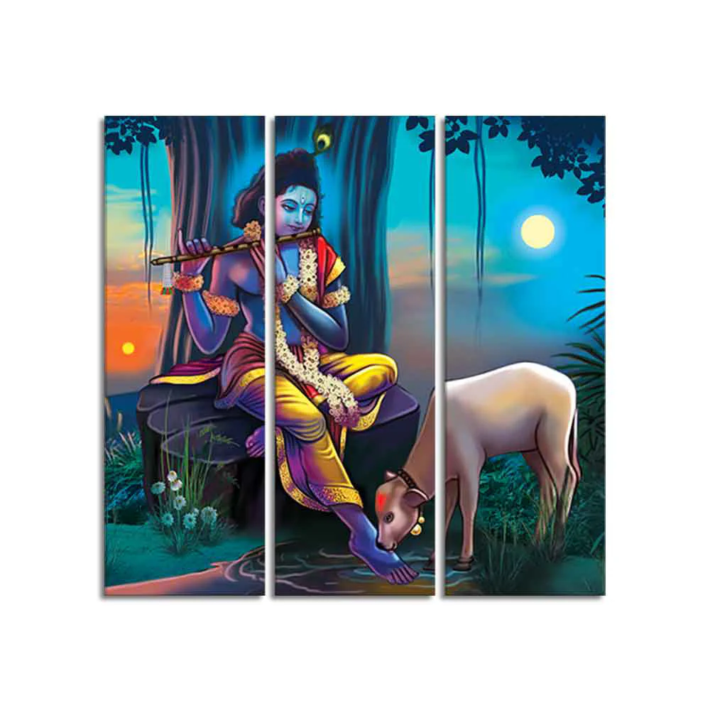 Shri Krishna Canvas Wall Painting of 3 Pieces - Image 5