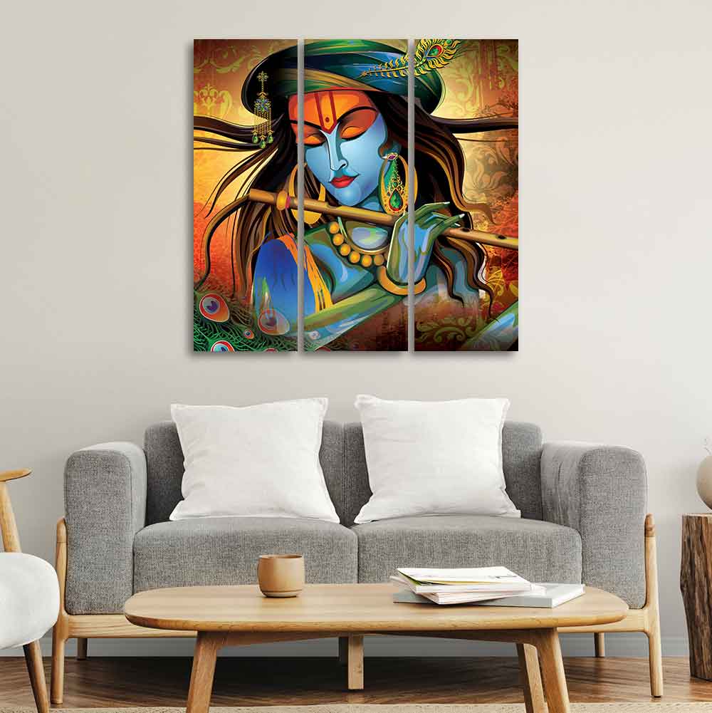 Shri Krishna with Flute Wall Painting Set of 3 Pieces - Image 2