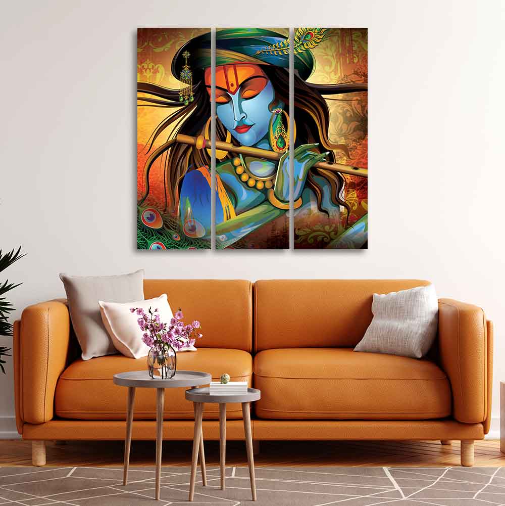 Shri Krishna with Flute Wall Painting Set of 3 Pieces - Image 3