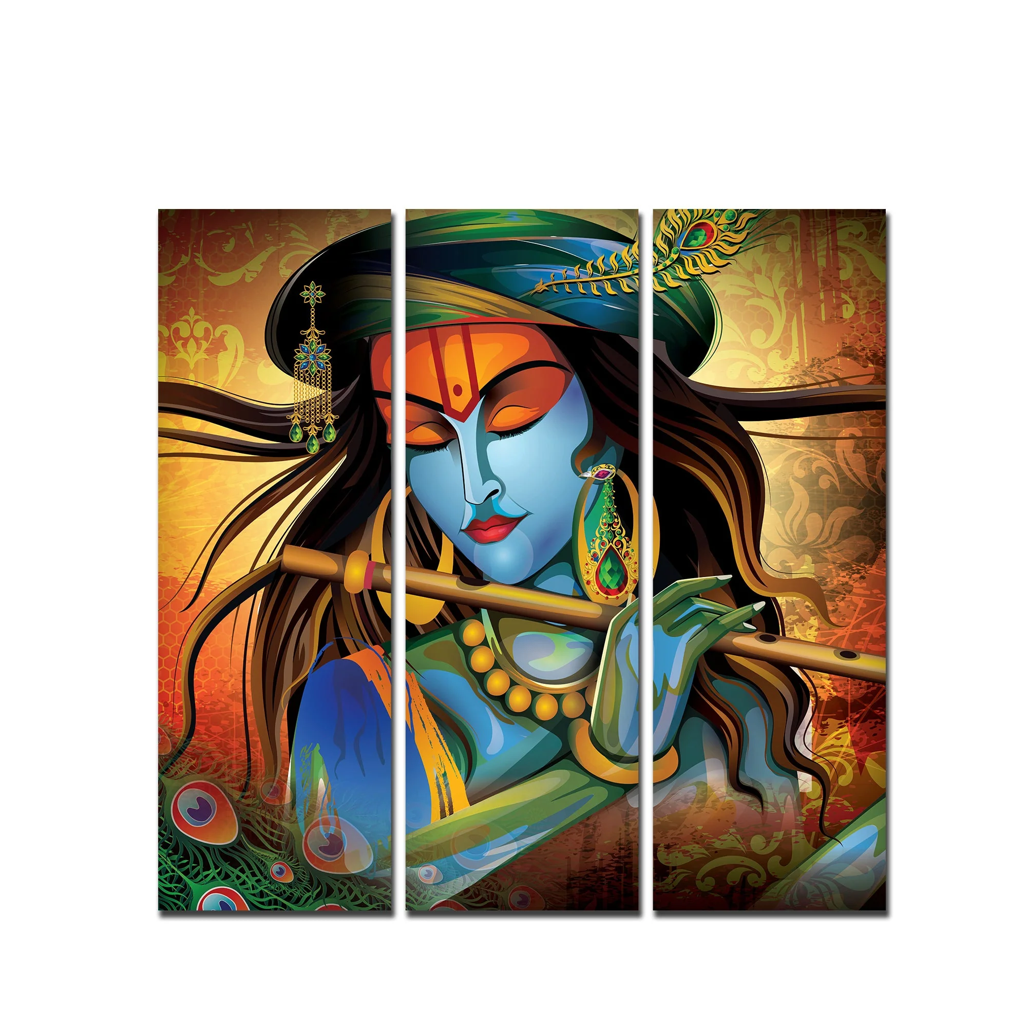 Shri Krishna with Flute Wall Painting Set of 3 Pieces - Image 4