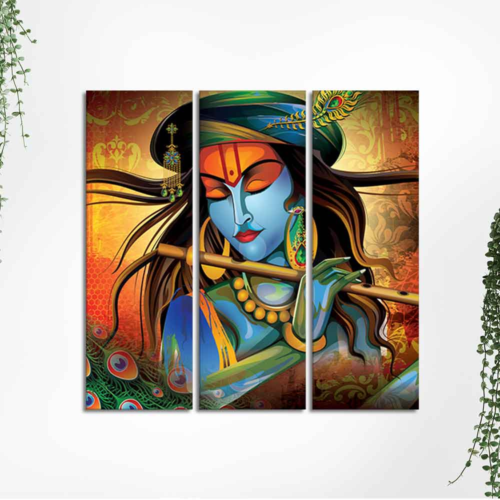 Shri Krishna with Flute Wall Painting Set of 3 Pieces - Image 5