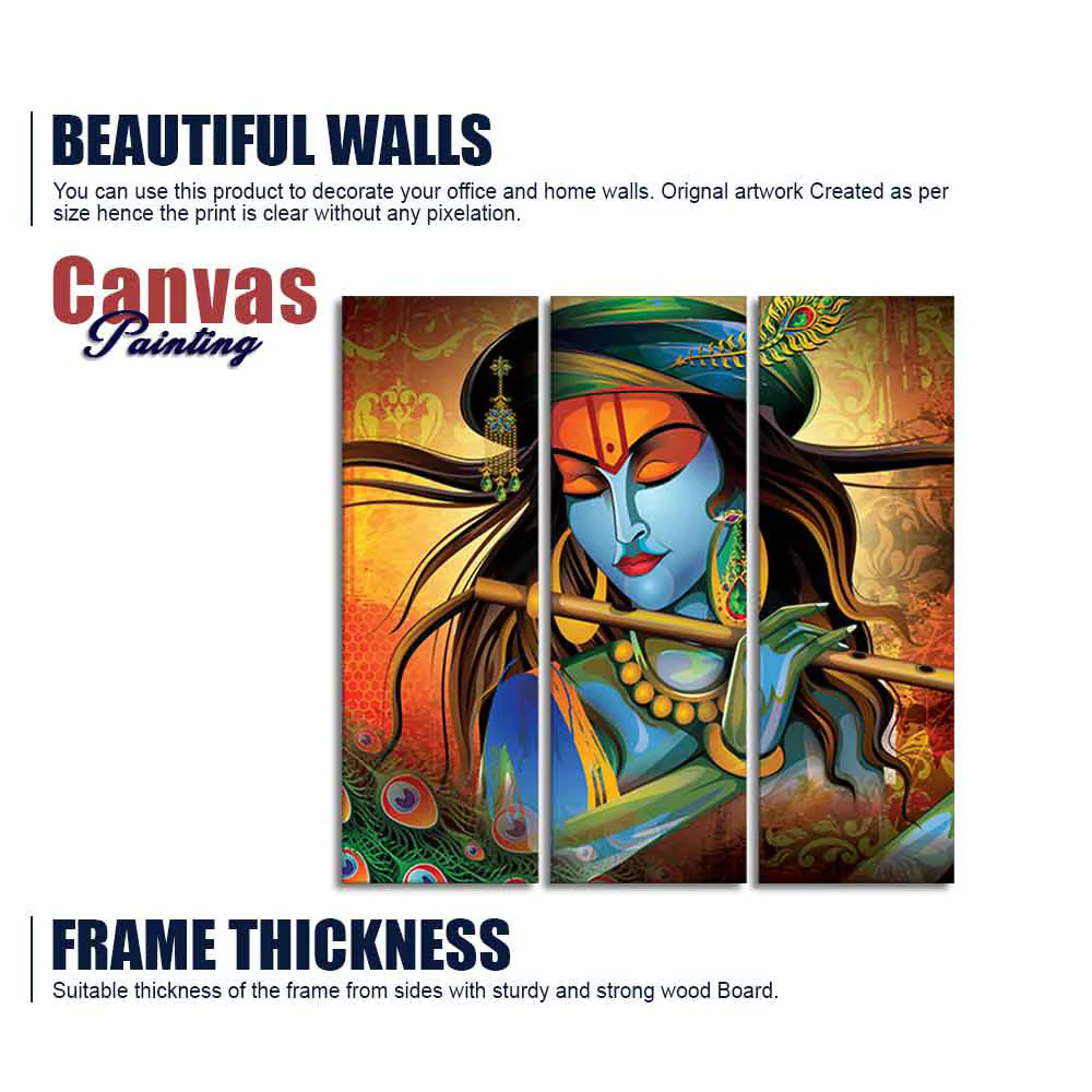 Shri Krishna with Flute Wall Painting Set of 3 Pieces - Image 6