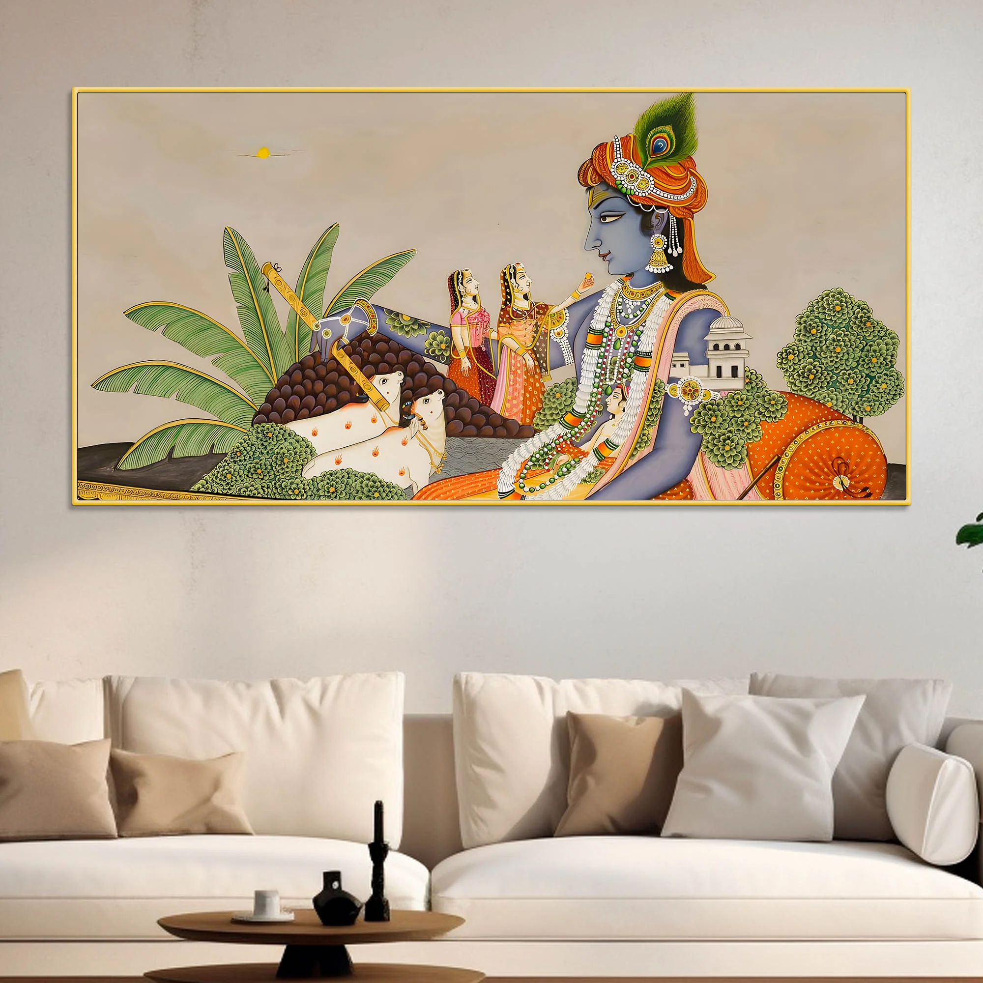 Shri Krishna with Gopis & Cows Pichwai Canvas Wall Painting – Traditional Indian Decor
