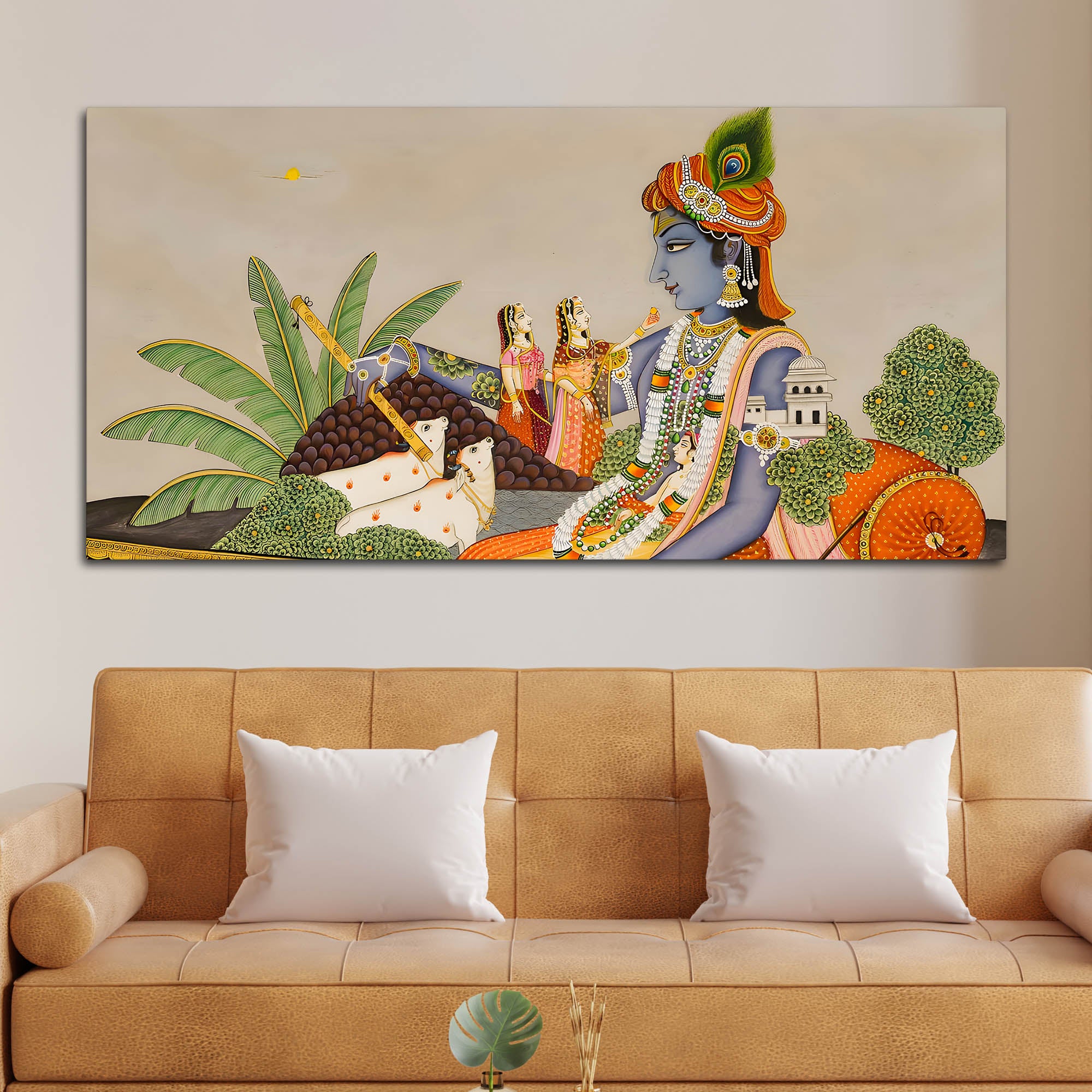 Shri Krishna with Gopis & Cows Pichwai Canvas Wall Painting – Traditional Indian Decor - Image 3