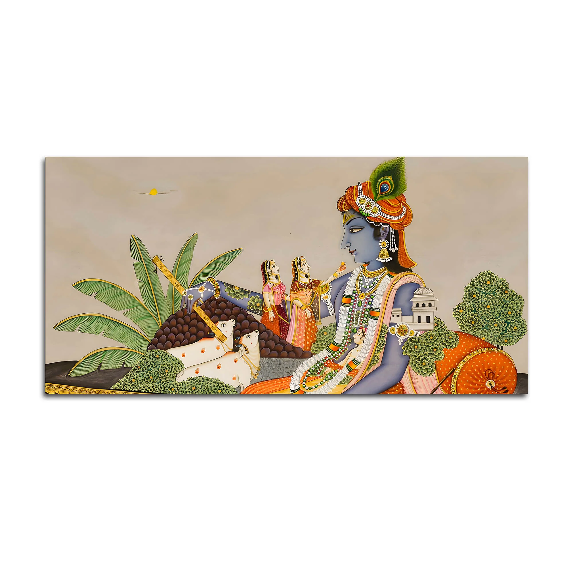 Shri Krishna with Gopis & Cows Pichwai Canvas Wall Painting – Traditional Indian Decor - Image 4